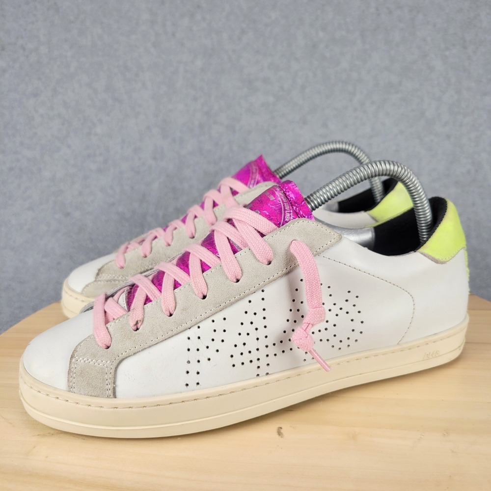 P448 John Sneakers Women 39 White Pink Green Leather Low Top Made in Italy